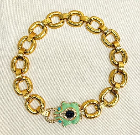 Stunning super rare signed J Crew late 1990s frog gold link chain necklace