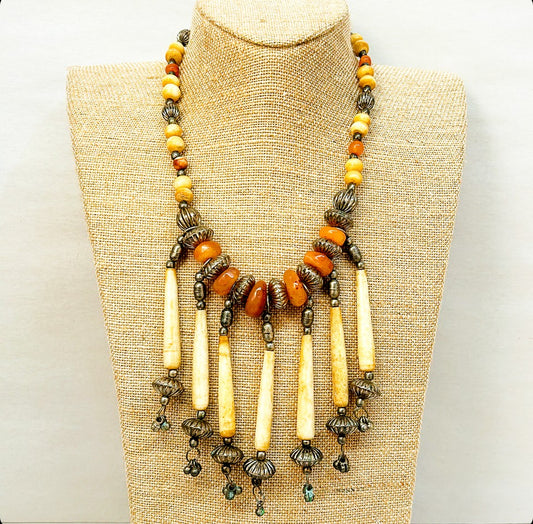 Vintage multi stone style necklace with pewter style finish accents.