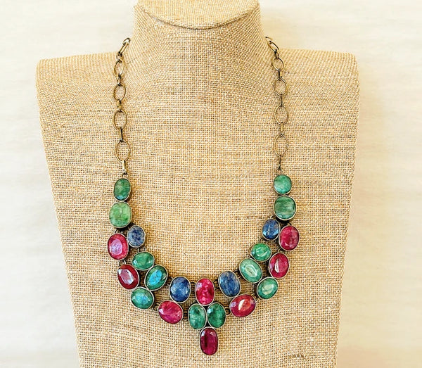 1980s - 925 stamped silver necklace with ruby, emerald & sapphire stones