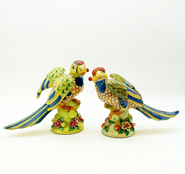 Vintage pair of colorful chinoiserie style birds.