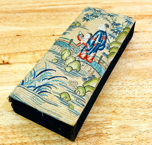 Antique Asian chinoiserie style fabric hand stitched rectangular box.