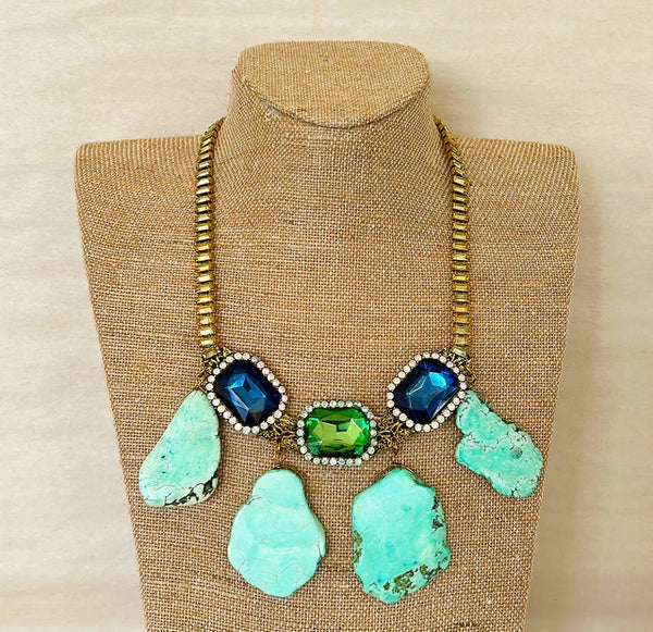 Fabulous 90s statement necklace with large faux gem stones mixed with rhinestone