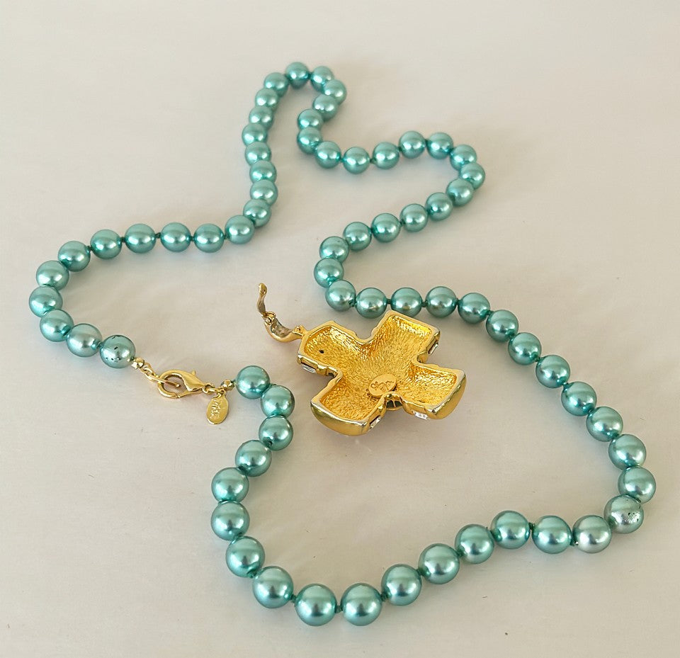 Uber Fabulous signed couture blue / green faux pearl beaded necklace by Joan Rivers with added chic couture cross pendant signed by Amy Miller