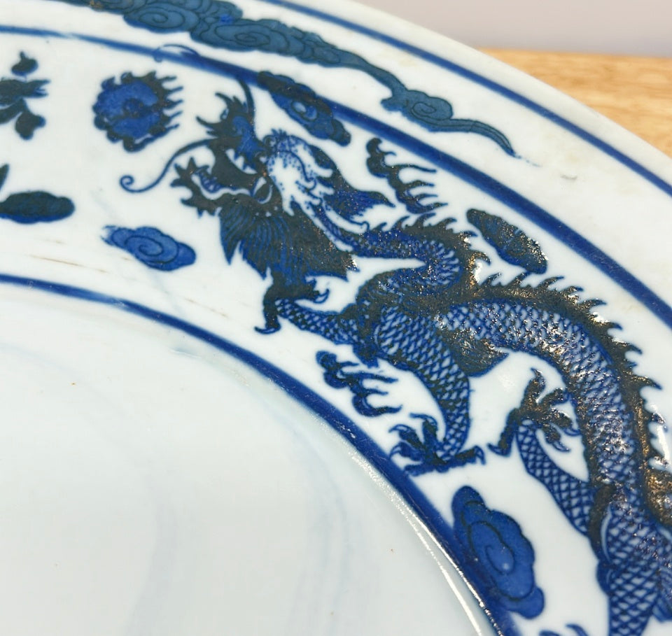 Large antique blue &amp; white chinoiserie style charger plate