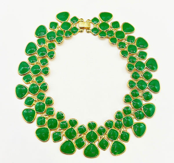 Festive green enamel &amp; gold metal tone holiday statement necklace.