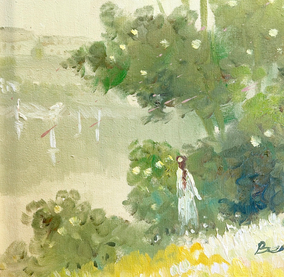 Original oil on canvas signed artwork of girl in landscape.