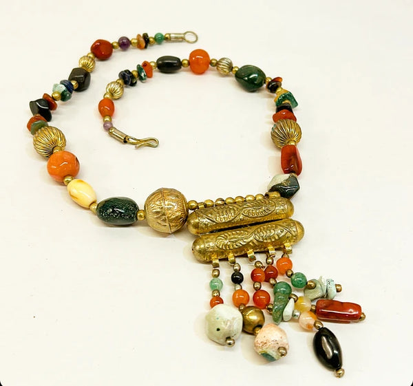 Vintage statement necklace with multi colored natural stone beads