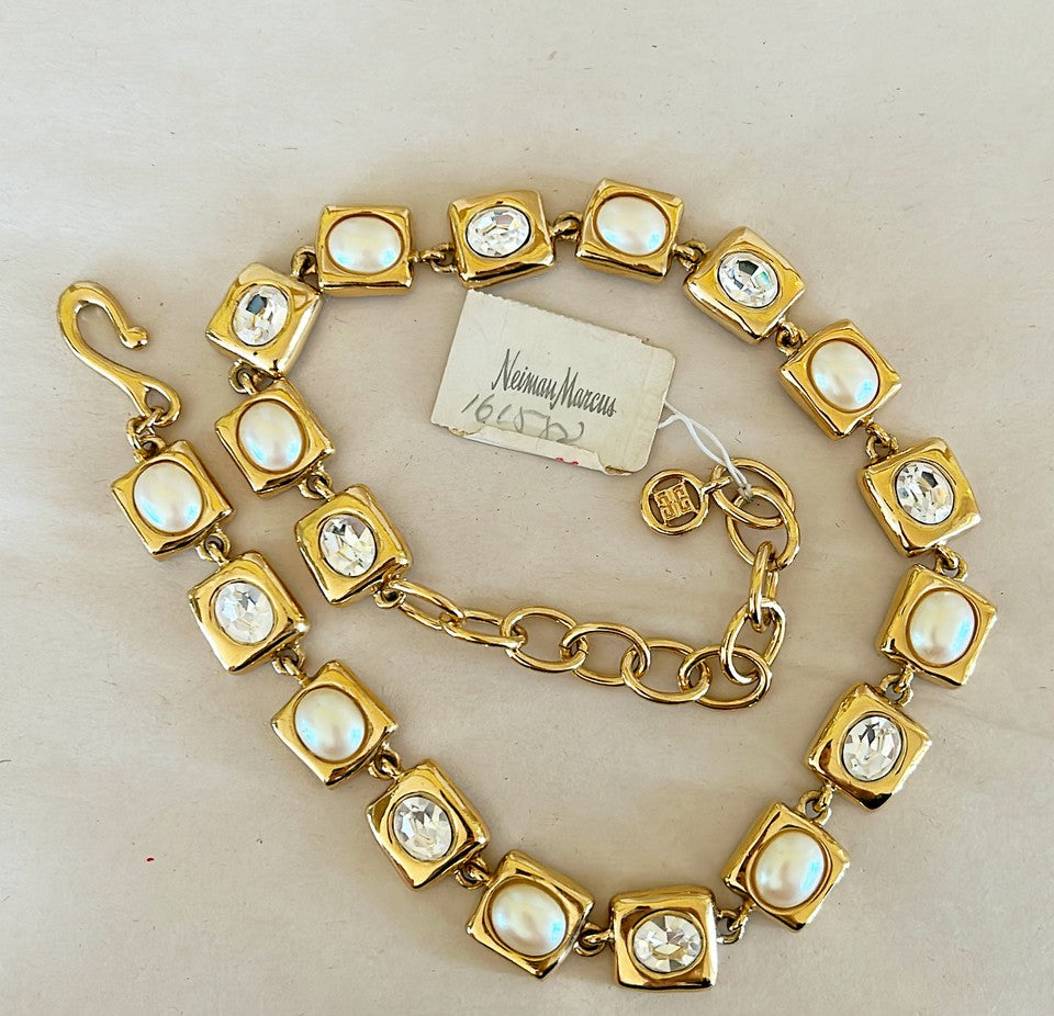 1980s signed Givenchy runway style statement necklace with faux pearls & faux diamond square links