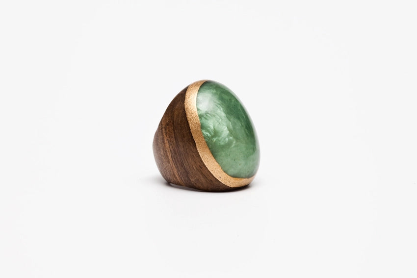 Oval Wood Ring with Green Embellishment - Size 7