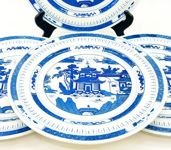 Set of 4 Extra large vintage blue &amp; white chinoiserie dinner plates.