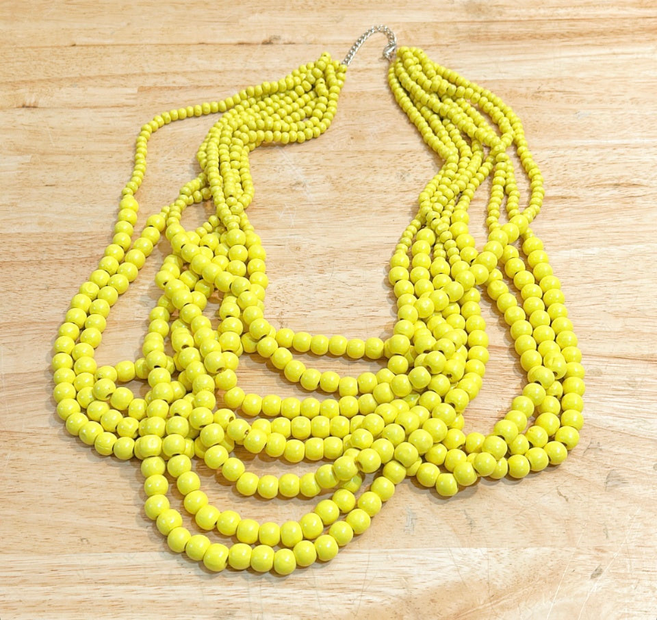 Vintage Spring yellow wooden beaded statement necklace .