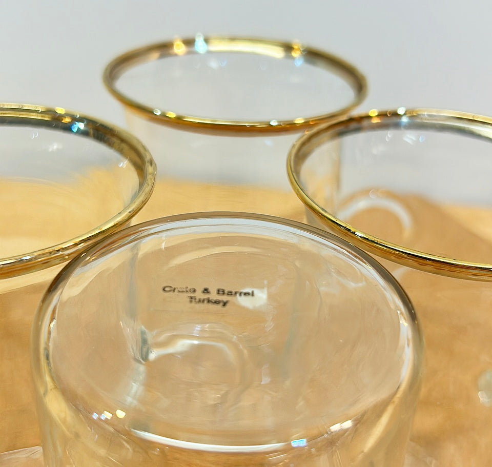 Set of 4 clear glass Irish Coffee style cups with round ring handles.