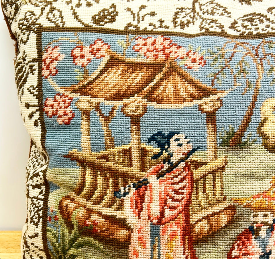 Hand stitched vintage chinoiserie style needlepoint pillow.