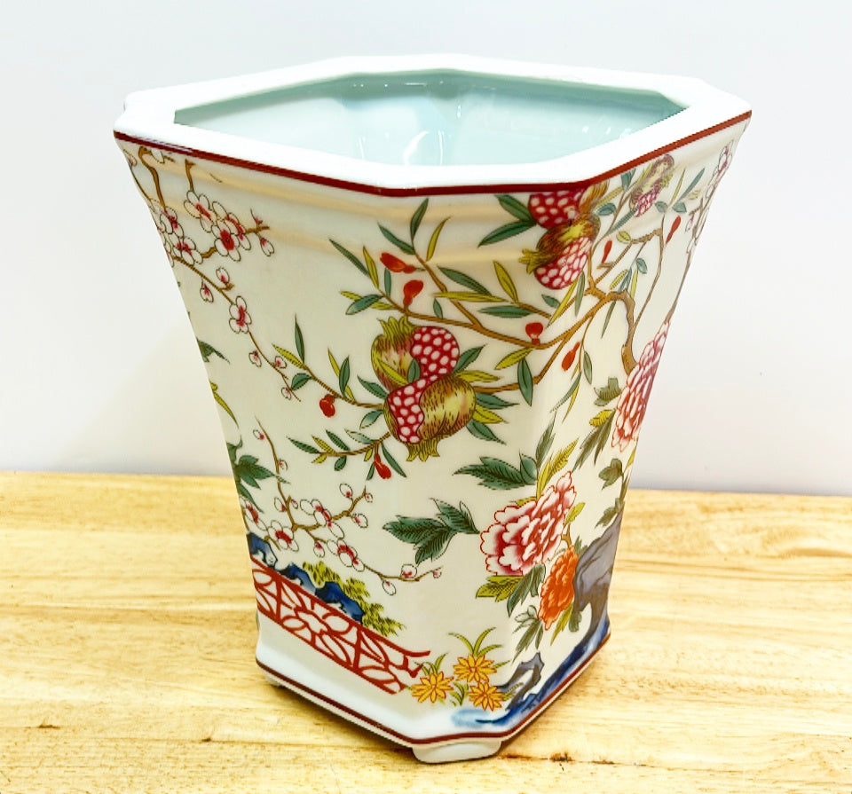 Multi colored tall chinoiserie style cachepot