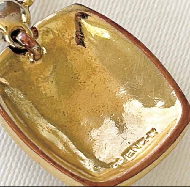 Rare 80s Givenchy necklace with stamped gold rhinestone Square pendant.