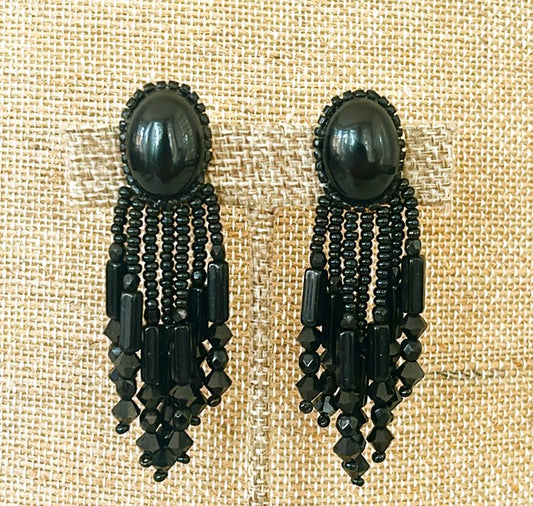 Classic black beaded clip on earrings from the late 80s.