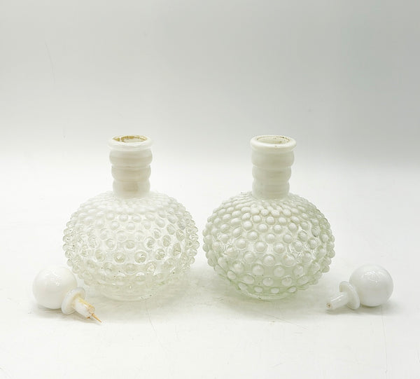 Pair of vintage 60s glass Hobnail style vanity / perfume style jars with tops