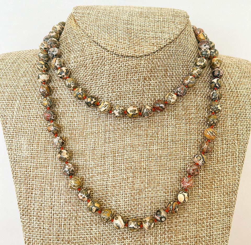 Vintage polished leopard jasper stone beaded necklace