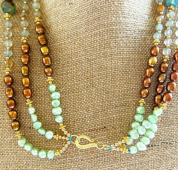 Turquoise colored beaded statement necklace with 3 strains.
