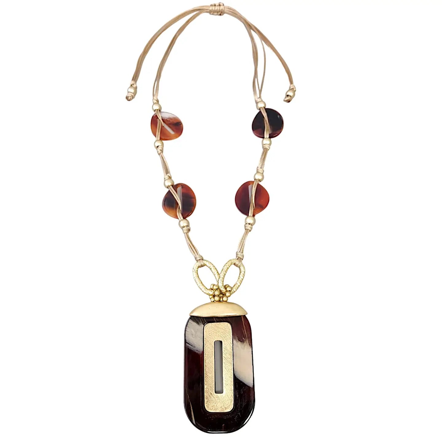 Neutral Tortoise Shell Lucite & Gold Pendant Necklace