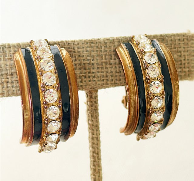 Vintage 80s clip earrings with rhinestones & black enamel details