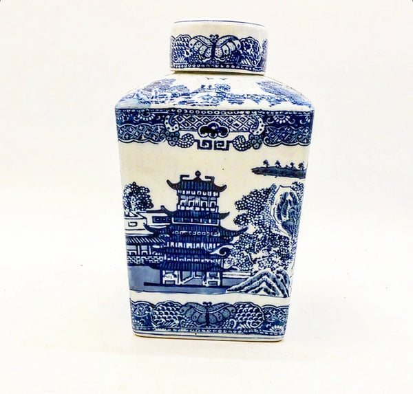 Vintage blue and white chinoiserie style square ginger jar vase with lid.