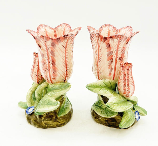 Pair of rare pink &amp; green Mario Buatta style vintage tulip vases