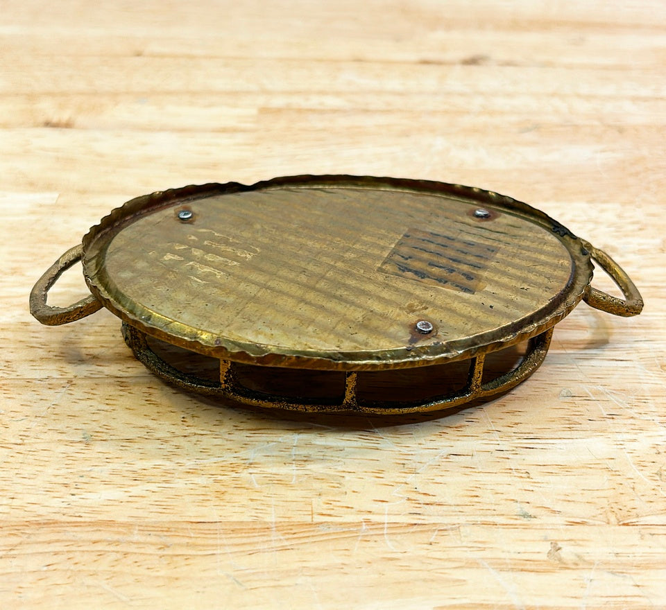 Rare mini solid brass oval bamboo style tray with side handles.