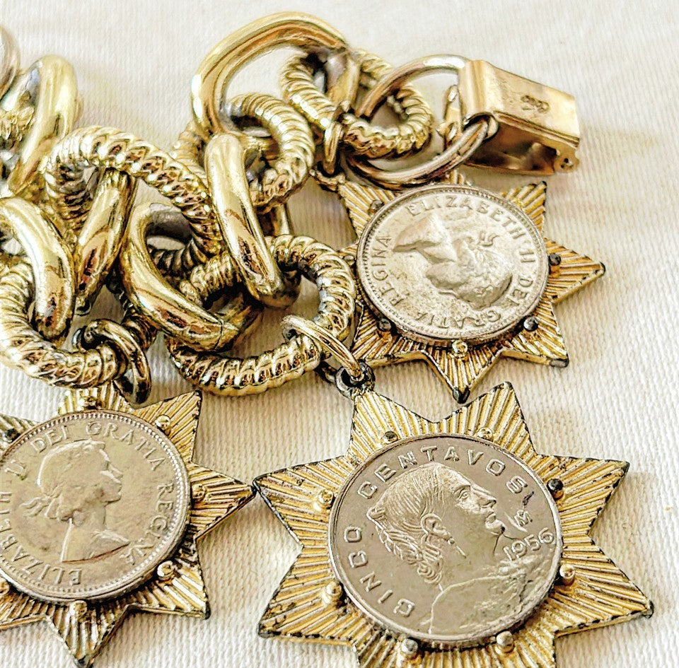 Fun coin charm bracelet stamped Coro.