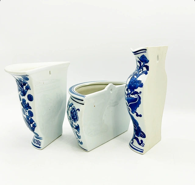 Vintage 90s blue &amp; white chinoiserie style glazed porcelain wall mounted style half vases.
