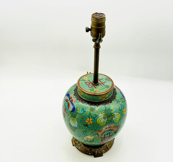 Vintage / antique cloisonné style metal chinoiserie ginger jar lamp.