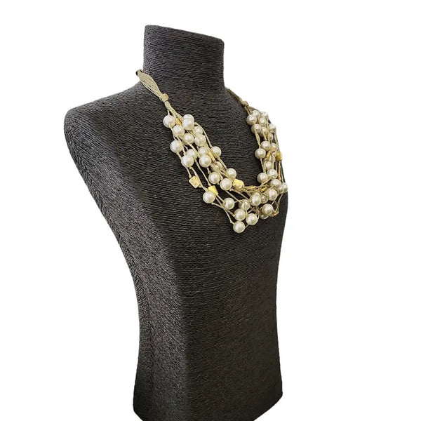 White Pearl & Gold Multi Strand Metallic Silk Necklace
