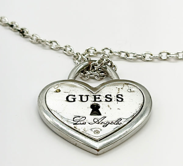 Vintage 90d GUESS signed heart silver metal tone pendant necklace.