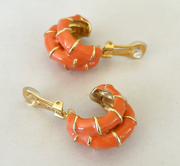 Vintage signed KJL Kenneth Jay Lane large clip on style coral & gold triple style faux bamboo earrings