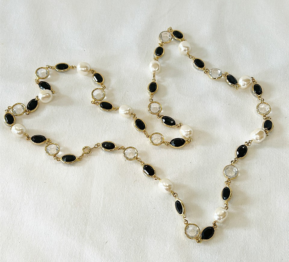 Vintage long faux pearl & clear crystal designer style necklace with black rhinestone style accents