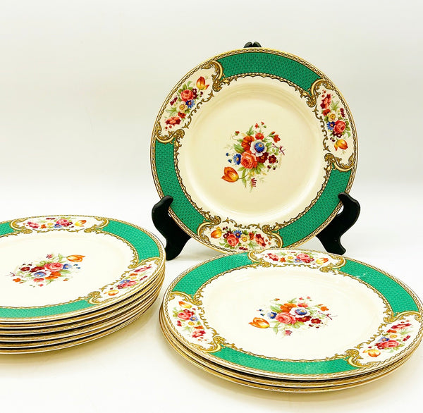 Set of 10 antique green and white Staffordshire England fine china plates - set of 10