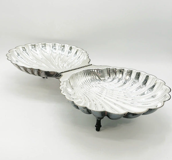 Vintage silver plated swan style shell serving dish with hinged lid.