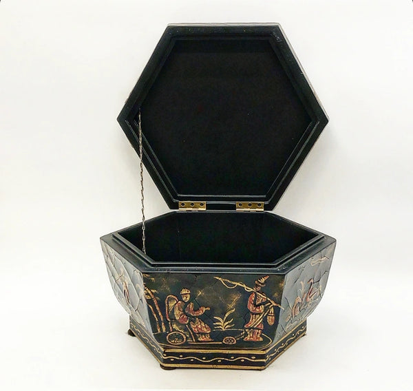 Vintage black chinoiserie lidded box with hinge.