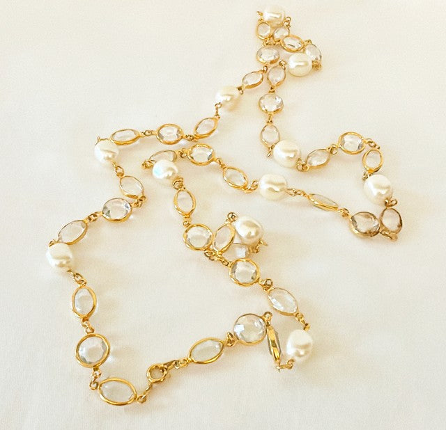 Vintage long faux pearl & clear crystal designer style necklace.