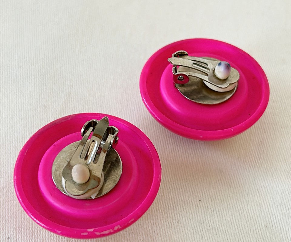 1980s large Barbie pink round button style dome earrings