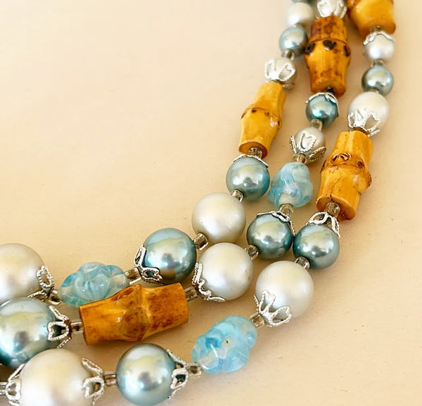1960s rare faux silver blue tone pearl necklace with natural tan bamboo links