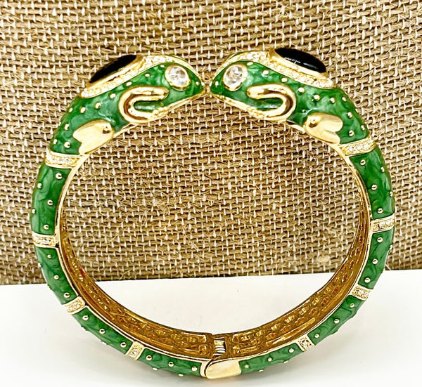 Green enamel double frog head hinged style bracelet