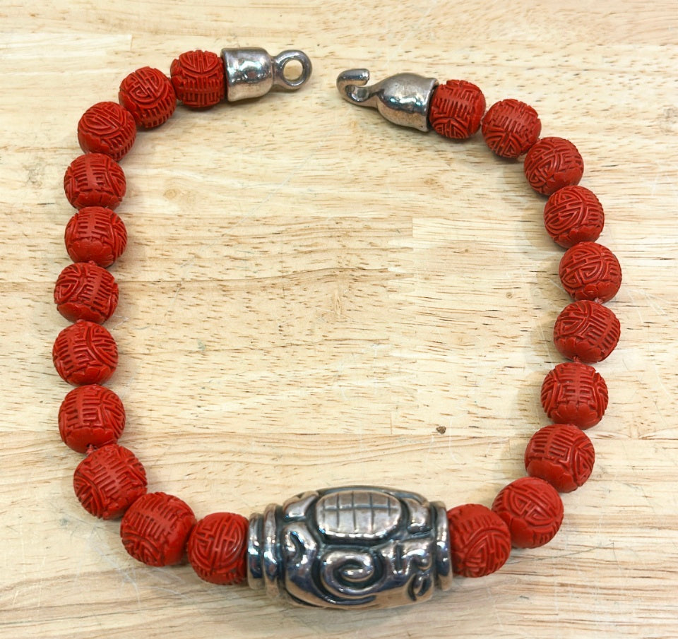 Vintage Chinese style carved cinnabar style beaded necklace