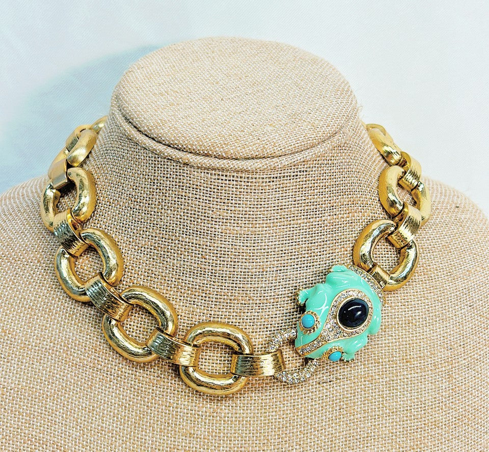 Stunning super rare signed J Crew late 1990s frog gold link chain necklace