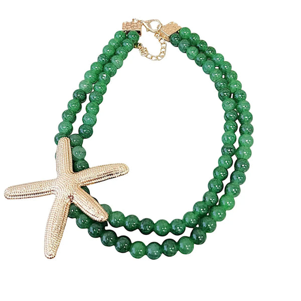 Sea Green Jewel-Tone Bead & Gold Starfish Pendant Necklace