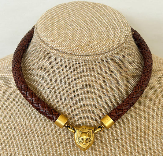 Rare vintage dig end Doncaster tan leather woven style necklace with fox head shield pendant
