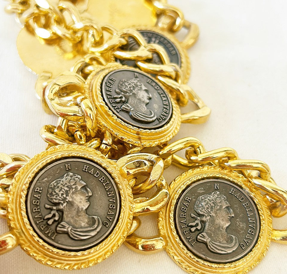 Fantastic late 1980s couture runway style gold chain link metal belt with large coin accents of Roman style medallions.