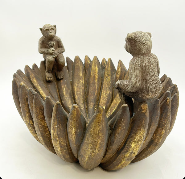 Decorative large oval banana bowl with monkeys on each side