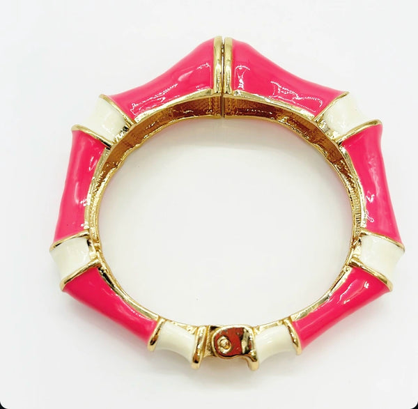 Chunky hot pink &amp; white enamel hinged style statement bracelet