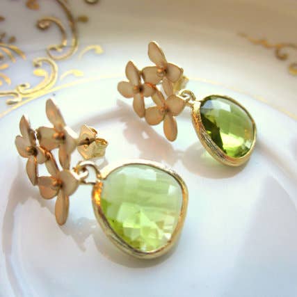 Peridot Apple Green Gold Cherry Blossom Earrings